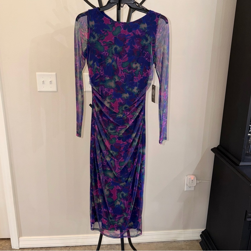 NWT Vince Camuto Mesh Sleeve Floral Midi Dress Purple Blue Ruched Size 4